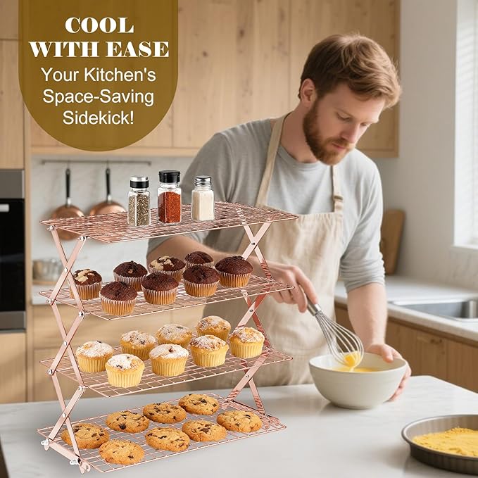 BEWOS 4 Tier Collapsible Cooling Rack - Adjustable Stainless Steel Baking Rack with Mesh Leak Proof，Foldable X-Shaped Structure Cooling Racks for Cooking and Baking, Dishwasher Safe（ Rose Gold）