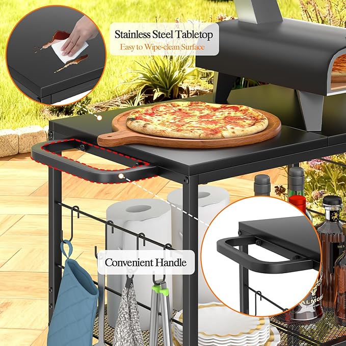 Grill Cart for Outside, 3-Tier BBQ Food Prep Rolling Table Cart, with 23.62" Lx 15.75" W Stainless Steel Tabletop, Outdoor Pizza Oven Table Ideal for Patio Backyard Kitchen Tools Room