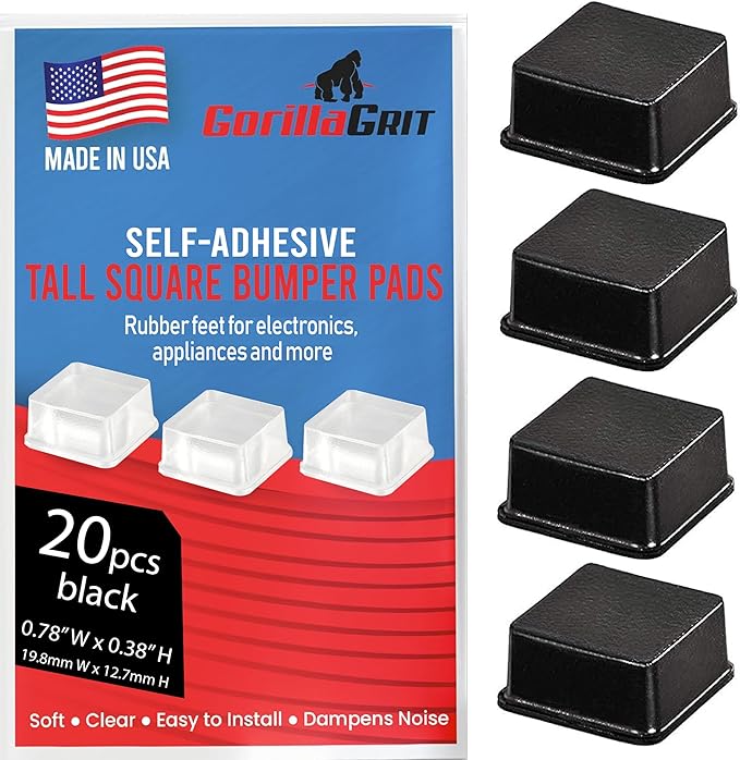 Black Tall Square Adhesive Rubber Bumper Pads - Made in USA – Rubber Feet for Speakers, Electronics, Furniture, Appliances, Audio Equipment - 20 Pieces