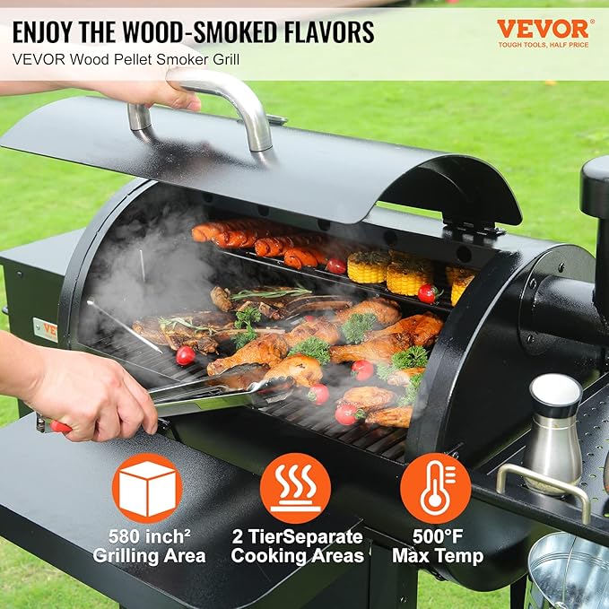 VEVOR Smoker Grill, Portable Wood Pellet Grill with Cart, 500°F Max Temperature, 580 SQ.IN Cook Area, 8 IN 1 BBQ Grill with PID Temperature Control & Meat Probe for Outdoor Cooking, Camping, Backyard