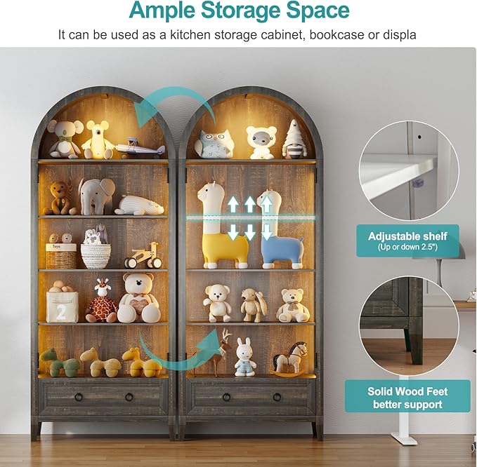 Lvifur 73" Tall Arched Display Cabinet with Glass Doors,4-Tier Storage Cabinet with Human Body Sensor,LED Curio Cabinets with 3 Color Lights for Collectibles,Ajustable Shelf for Toys, Books,Brown