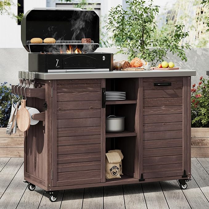 78.3" Outdoor Kitchen Island with Foldable Grill Table - Wooden Grill Cart with Stainless Steel Top, Trash Can Storage and Adjustable Shelves