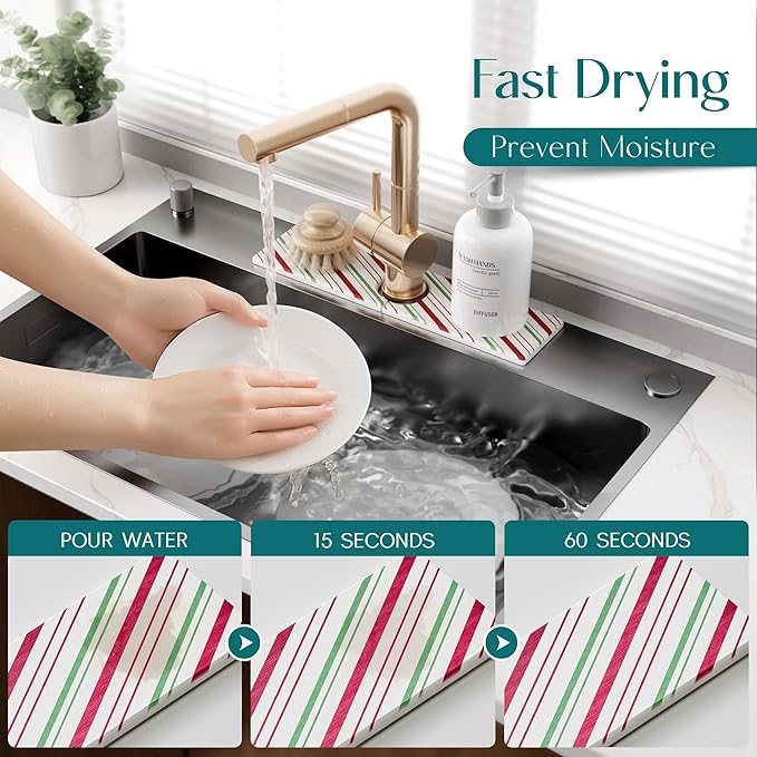 Stone Faucet Mat for Kitchen Sink, Diatomite Drying Stone Mat for Kitchen Counter, Prevent Moisture – Sink Splash Guard for Holiday Gift Home Decor (Red/Green, 15.7''x3.9'')