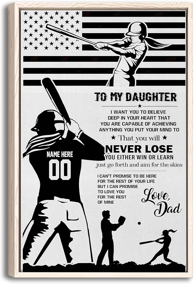 Custom Softball To My Daughter From Dad Sports Motivational Gift Personalized Name Number Poster & Framed Canvas, Wall Art Home Office Decoration Living Room Bedroom Aesthetic Decor