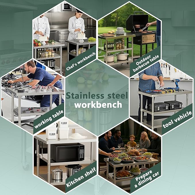 Stainless Steel Table with Wheels for Food Preparation and Work, Multi-Size Optional, Three-Layer Variable Two-Layer Metal Commercial Workbench Outdoor, Restaurant, Kitchen (28" Lx24 Wx34 H)