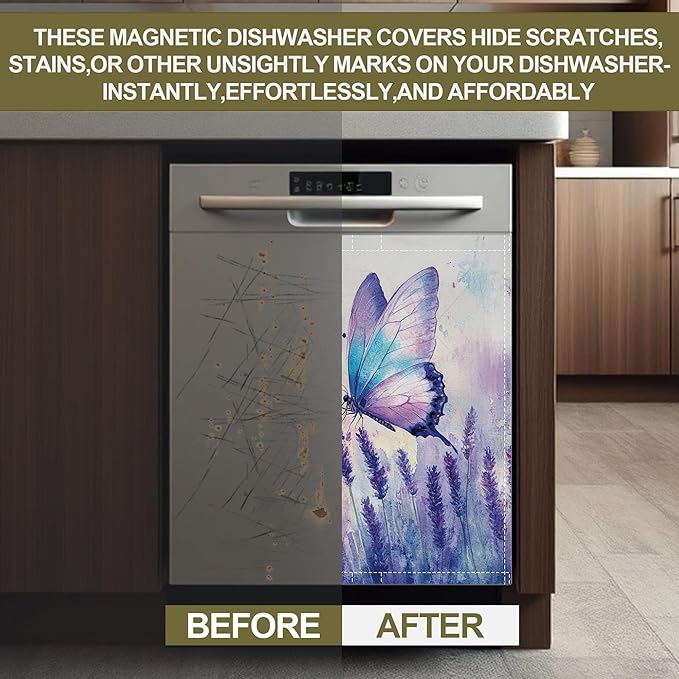 Dishwasher Magnet Cover,Purple Lavender Dishwasher Cover Magnetic Butterfly Home Appliances Refrigerator Decorative 23" x 26"