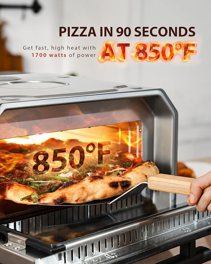 Indoor Pizza Oven, Makes 12 Inch Pizzas in 90 Seconds, Heats up to 850°F Countertop Pizza Oven, 6 Touchscreen Presets Electric Pizza Oven for Kitchen, Baking Tray & Pizza Stone Peel Included-Silver