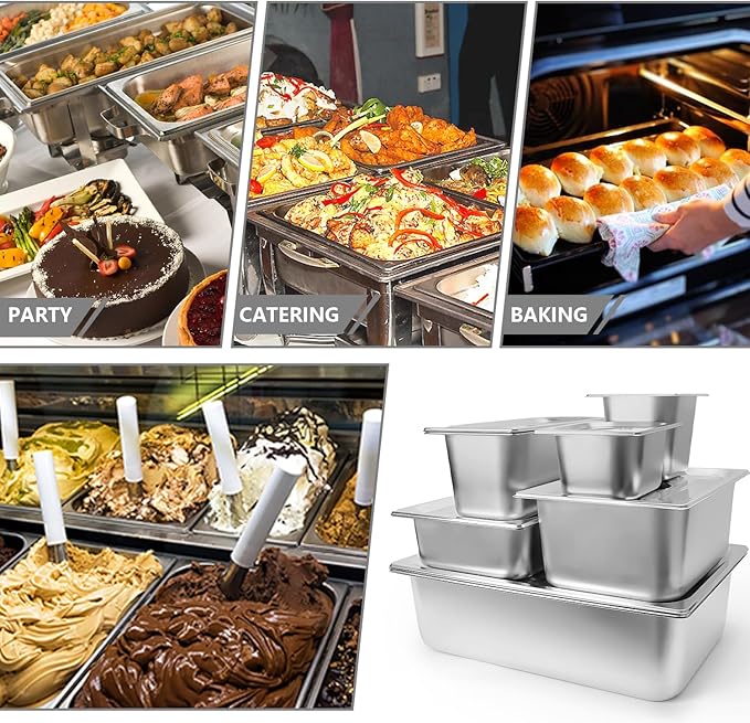 6 Set Stainless Steel Hotel Pans Full Size 2 1/2 Inch Deep With Lids, Anti-Jam Chafing Steam Table Pans, Catering Food Storage Metal Pan