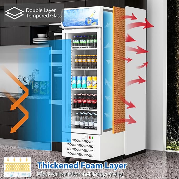 Commercial Display Refrigerator with Single Glass Door, 11.3 Cu.Ft Upright Beverage Cooler with Adjustable Shelves, Soft LED Lighting, Merchandiser Fridge for Home, Restaurant, and Garage, White