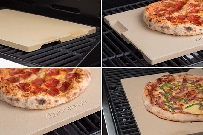 Pizza Stone 15x12 Inch Rectangular, Cordierite Baking Stone for Oven Grill BBQ, Crack Resistant with 4 Built-in Handles for Crispy Crust Bread Cookies