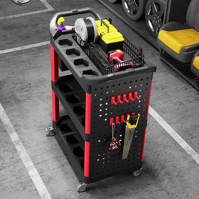 HOMCOM 3 Tier Utility Cart on Wheels, Rolling Tool Storage with Pegboards and Bucket, 200 LBS Load Capacity Plastic Service Cart for Garage, Warehouse, Workshop, Black and Red