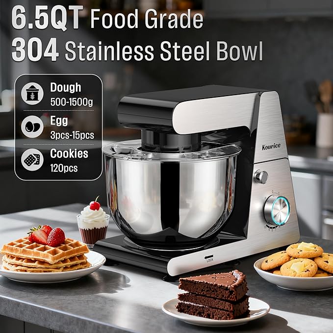 Stand Mixer Body with Stainless Steel Cladding Pro-Grade Powerful Kitchen Mixer for Baking Bread Dough Cake 10+p Speed Tilt-Head Electric Food Mixer With 6.5QT Bowl Dough Hook Wire Whisk Flat Beater