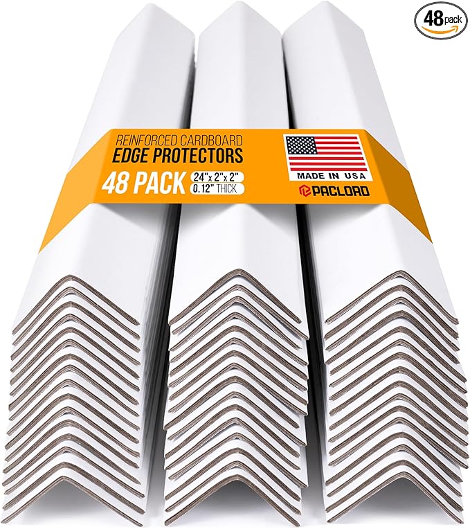 24" x 2" x 2" Reinforced Cardboard Edge Protectors, White (Pack of 48) – 0.12" Thick Medium-Duty Cardboard Corner Protectors for Shipping – American Quality V-Board Pallet Edge Protectors