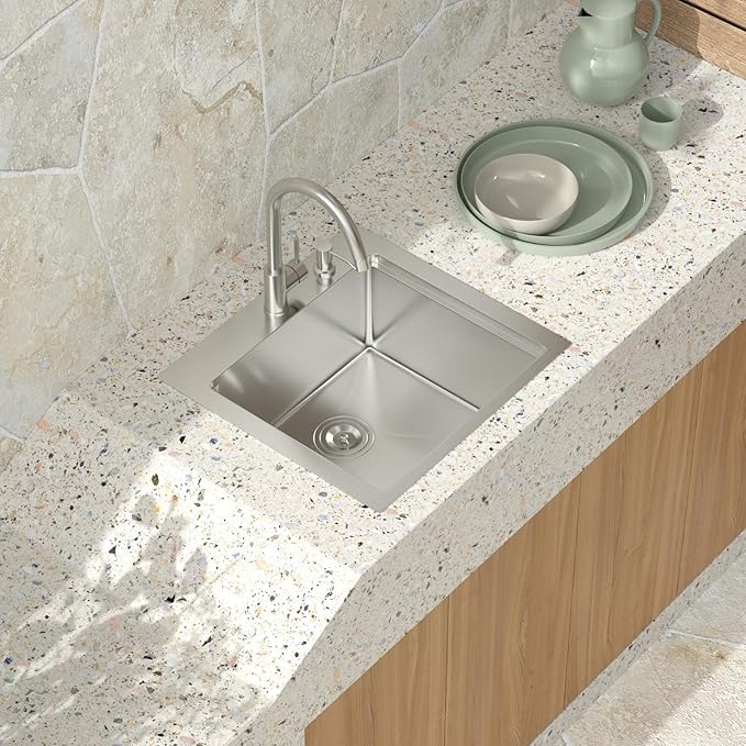 Outdoor Kitchen Sink - 21 x 20 Inch Outdoor Sink Drop In Workstation Stainless Steel 16 Gauge Topmount Single Bowl Small Wet Bar Sinks with Faucet & Premium Stainless Steel Cover #TLT-0030