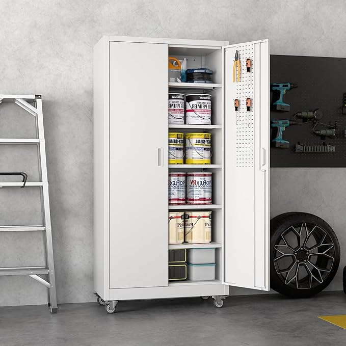 SUXXAN Metal Garage Storage Cabinet with Wheels and Pegboard 71'' x 34'' x 18'', Lockable Rolling Steel Cabinet with 5 Adjustable Shelves and Door for Garage, Office, Kitchen, Assembly Required