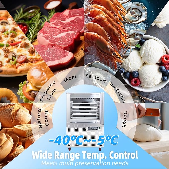 Commercial Blast Chiller 5 Trays, Shock Freezing Blast Chiller & Freezer Heavy Duty, Flash Freezer for Ice Cream, Seafood, Desserts, Meat-Lowest Temperature -40°C