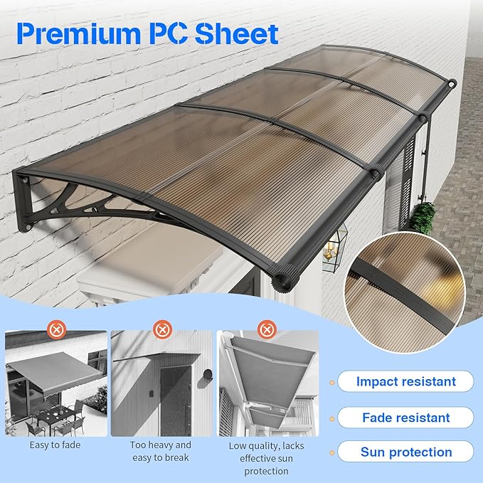 Awning for Door Entrance with Drainage Sink,40x120 Inch Awnings for Doors,Window Canopy Exterior with Plastic Steel Bracket,Polycarbonate Cover,UV,Rain,Snow Protection for House,Porch,Patio,Deck