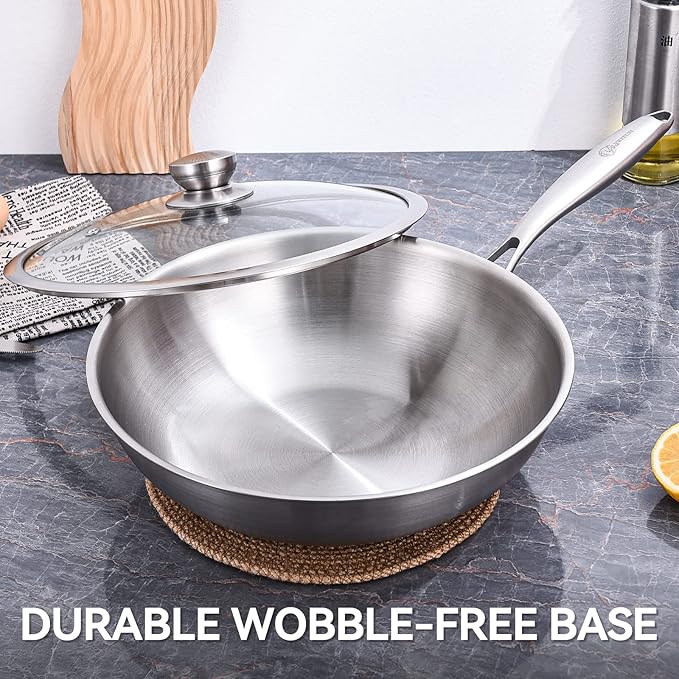 LOLYKITCH 12 Inch Tri-Ply Stainless Steel Wok Pan with Lid,Induction Stir-Fry Pan,Dishwasher and Oven Safe,Heavy Duty and Detachable Handle