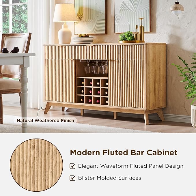 OKD 60" Fluted Buffet Cabinet with Storage - 3 Drawers and 2 Doors, Mordern Wine & Coffee Bar Cabinet with Wine and Glass Racks, Sideboard with Adjustable Shelves for Kitchen, Dining Room,Natural Oak | for Liquor, w/Wine & Glass Rack, 3 Storage Drawers...