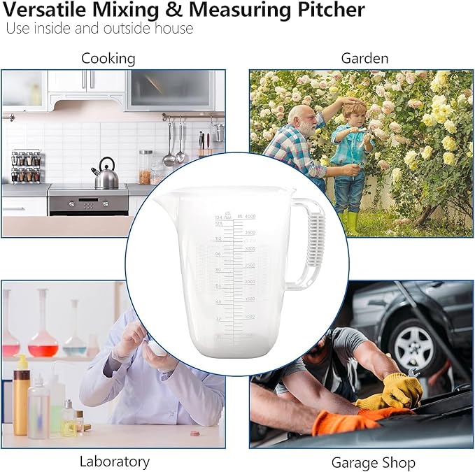 1 Gallon Measuring Pitcher-Convenient Conversion Chart,134oz Extra Large Plastic Measuring Cup-Strong Food Grade Material,Graduated Mixing Pitcher Great for Lawn,Pool Chemicals, Motor Oil and Fluids