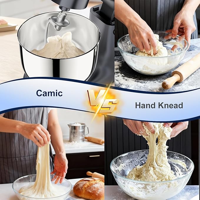 Camic Stand Mixer, 4.2QT+5.3QT Two bowls Electric Food Mixer, 10 Speeds with Digital setting 3-IN-1 Kitchen Mixer for Baking Cakes Cookie Bread Salad with Egg Whisk,Dough Hook,Flat Beater (Grey)