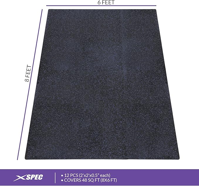 Xspec 1/2" Thick 48 sq ft (12 Tiles) Interlocking Rubber Top EVA Foam Exercise Mat | Home Gym Mats Workout Flooring Tiles for Gyms, Fitness Rooms | Durable Grip Protective Flooring, Black/Blue