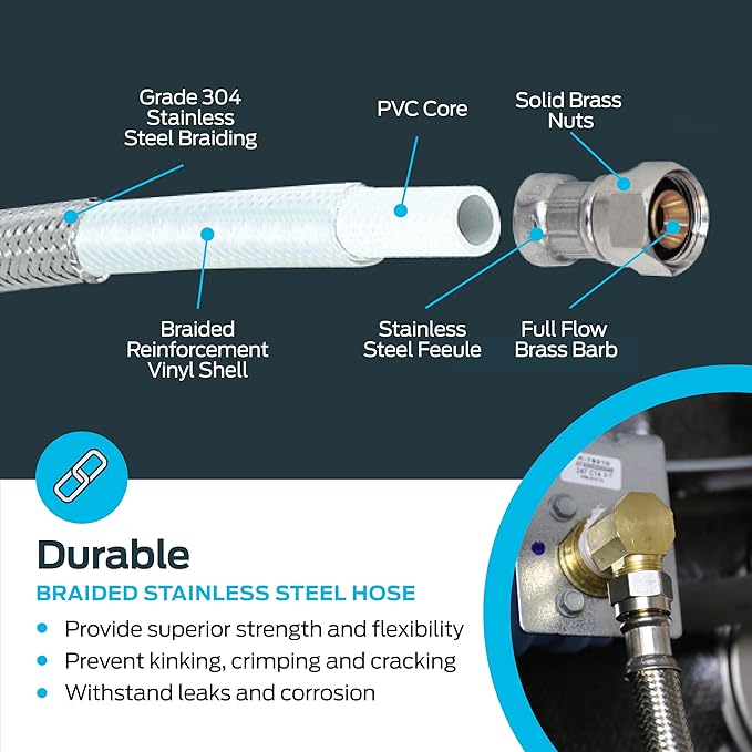 Eastman 6 Ft. Dishwasher Installation Kit, Braided Stainless Steel Supply Line with 3/8 Inch Compression Ends, 3-Prong Angled Power Cord, 48337N