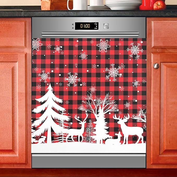 Christmas Tree Deer Buffalo Plaid Dishwasher Magnet Cover Sticker Magnetic Refrigerator Panel Front Door Fridge Microwave Decal Decorative