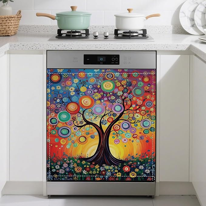 Magnetic Dishwasher Cover,Tree of Life Reusable Dishwasher Magnetic Cover Flowers Decorative Door Covers Panel for Home Kitcen 23" x 26"