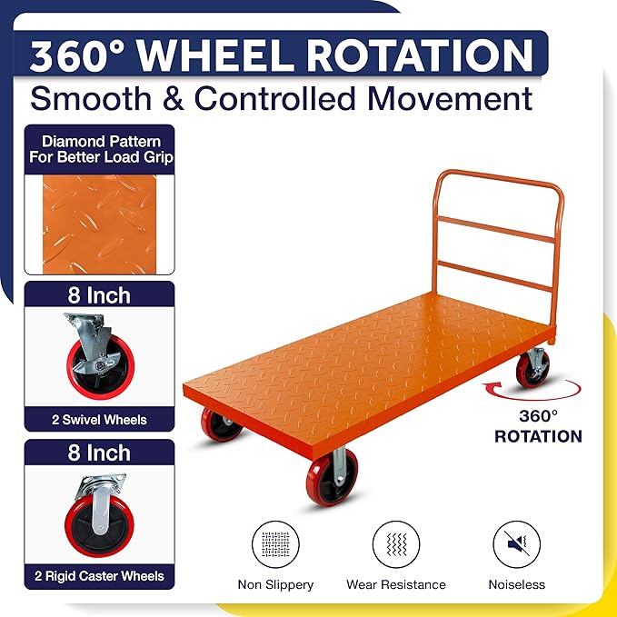 Platform Cart Industrial Dolly Cart 3300LB Heavy Duty 60” x 30” Platform Hand Truck Push Cart Super Heavy Duty Diamond Plate Commercial Flatbed Cart 8'' Moving Swivel Wheels (Orange)