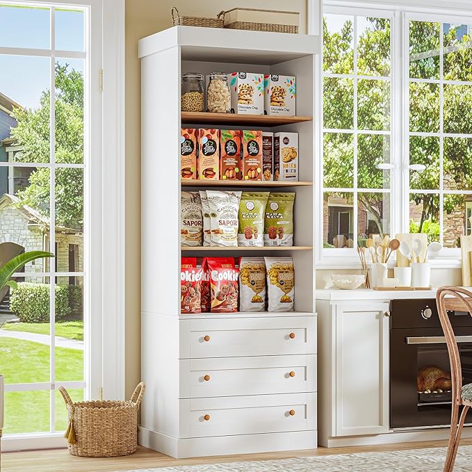 Vyre 71" Tall Farmhouse Kitchen Pantry, Set of 3 Large Storage Cabinets with 3 Drawers, Adjustable Shelves, Wood Versatile Hutch Cabinet for Living Room, Dining Room