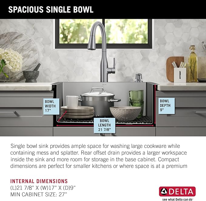DELTA FAUCET Delta Marca 25 Inch Drop-In Undermount Stainless Steel Single Bowl Kitchen Sink with Accessories