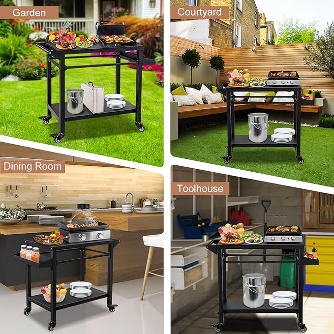 Outdoor Grill Cart Stand Table Pizza Oven with Lockable Wheels, Heavy Duty Movable Kitchen Cooking Prep Station BBQ Cart for Outside Patio, Backyard, Camping and Parties