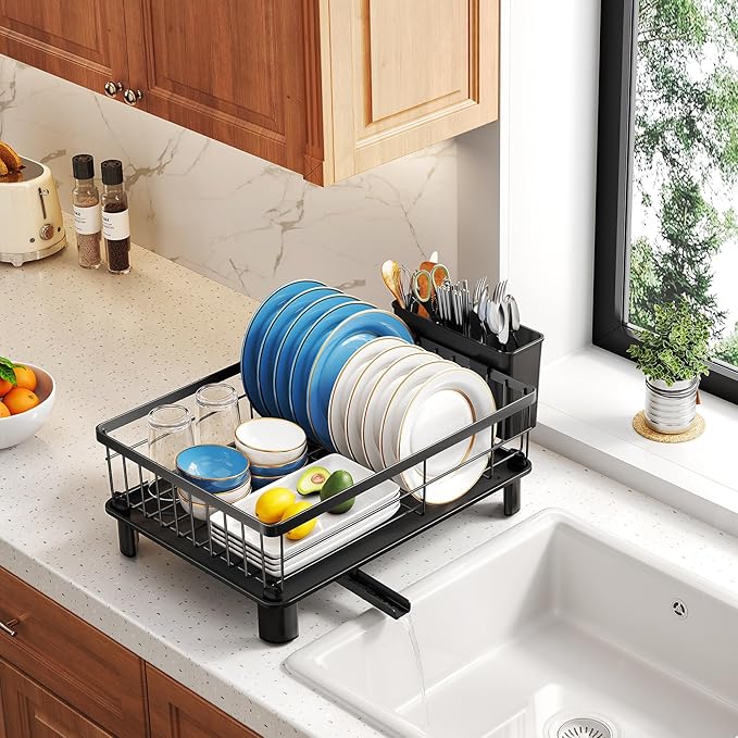 SNTD Dish Drying Rack - Small Dish Rack for Kitchen Counter, Stainless Steel Dish Drainer with Utensil Holder and Drainboard, 11" W x 15" L (Black)