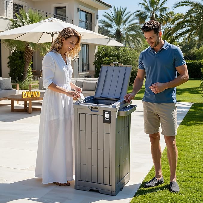 DWVO 38 Gallon Outdoor Trash Can, Resin Garbage Bin with Lid, Includes 2 Sorting Labels, Ash Holder, Stakes & Suction Cups, Hideaway Storage for Patio Backyard Garden, Light Brown