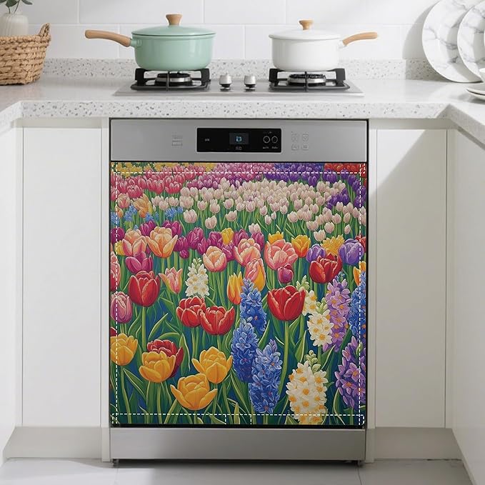 Colorful Tulips Magnetic Dishwasher Cover,Dishwasher Covers for The Front Magnetic Dishwasher Panel Decal Cover for Kitchen 23x26inch