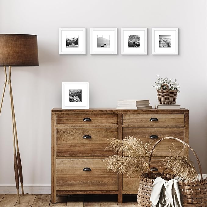 Americanflat 7x7 Picture Frame with Polished Plexiglass - Set of 5 - Use as 4x4 Frame with Mat or Display 7x7 Photo Without Mat - Galleria Collection - Square Frames for Tabletop and Wall - White