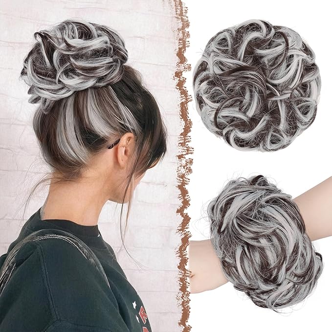 FESHFEN Large Messy Bun Hair Piece - Wavy Synthetic Chignon Scrunchies Elastic Ponytail Hair Extensions Thick Hairpieces for Women, Brown Gray Mix 1.94oz