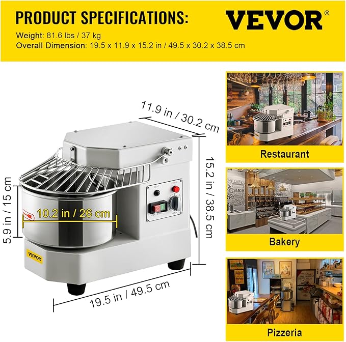 VEVOR Commercial Food Mixer, 8.5Qt Capacity, 450W Dual Rotating Dough Kneading Machine with Food-grade Stainless Steel Bowl, Security Shield & Timer Included, Baking Equipment for Restaurant Pizzeria