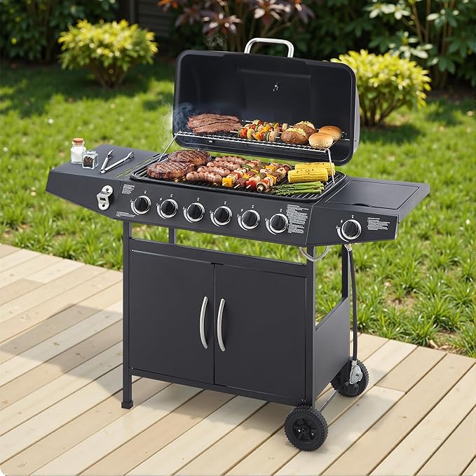 6 Burner Propane Gas Grill, 59,000 BTU Gas Grill with Side Burner, BBQ Grill with Cast Iron Grates, Stainless Steel Frame, 576 Sq In Cooking Area, Outside Grill for Patio Backyard, Patio