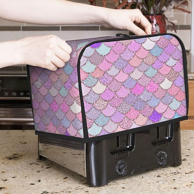 2 Slice Pink Mermaid Fish Scales Toaster Cover, Dust Proof & Fingerprint Protection with Pocket, Portable Kitchen Accessories