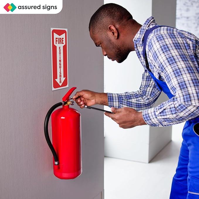Fire Extinguisher Sign Sticker - 12 Pack - 4" X 12" - 5 Mil Vinyl - Bright Red White Colors - Durable Self Adhesive, Weatherproof, Photoluminescent and UV Protected - Ideal for Inside Office or Boat