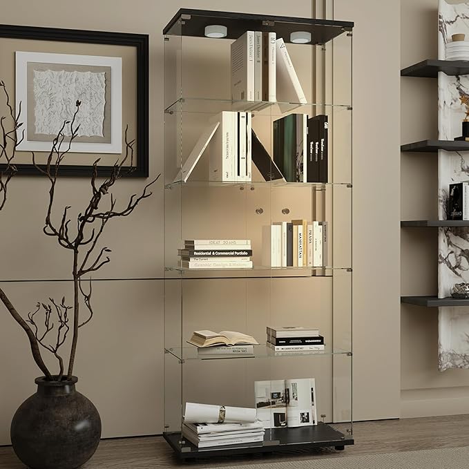 Glass Display Cabinet with LED, 5 Shelves with 2 Doors, Curio Storage Cabinets with Lock for Living Room, Office, Floor Standing Glass Bookshelf, Quick Installation - Black