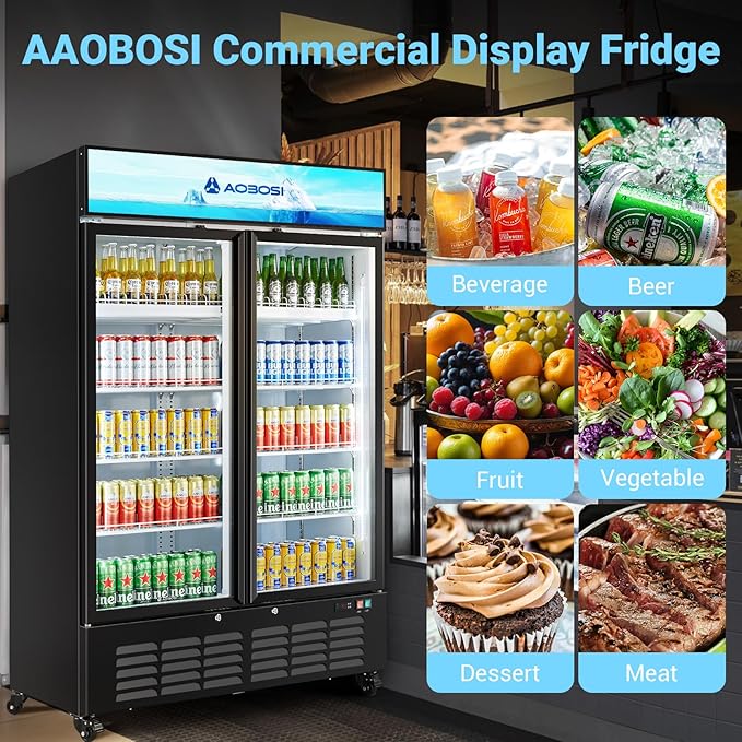 AAOBOSI 50" Wide Commercial Merchandiser Refrigerator,36.8 Cu.Ft Glass Door Display Refrigerator,Upright Beverage Fridge with Soft LED Light,Customizable Lightbox,Universal Casters, Adjustable Shelves