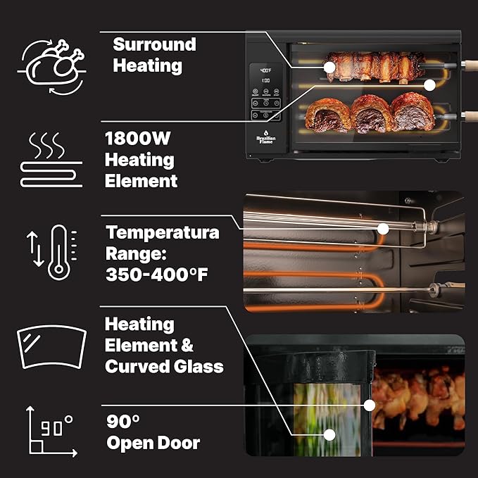 Electric Rotisserie Oven Brazilian Flame VOLTA | Vertical Countertop Grill with Auto-Rotating Skewers Shawarma Grill Machine Meat Kebab | Indoor Adjustable Temperature | 8lb Capacity | World Cup Grill