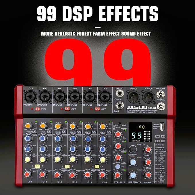 10-Channel Audio Mixer,DJ Mixer, Sound Board Console with 99 DSP Effects, Bluetooth Mixer Input 48V Phantom Power Stereo USB XLR Mixer For Karaoke Studio PC Recording