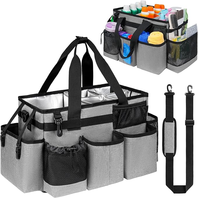 Cleaning Caddy Bag, Cleaning Supplies Organizer for Housekeepers, Housekeeping Caddy with Handle and Detachable Padded Cushion, Gray