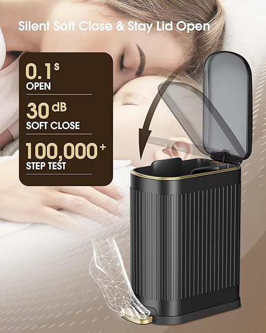 CEROELDA Black Bathroom Trash Can with Lid-10L/2.6 Gallon Stainless Steel Step Slim Garbage Can-Rectangle Pedal Trash Bin for Narrow Office, Kitchen, Bedroom, Toilet-Soft Close
