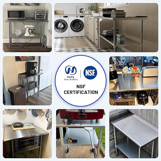 Hally Stainless Steel Table for Prep & Work 14 x 30 Inches, NSF Commercial Heavy Duty Table with Undershelf and Backsplash for Restaurant, Home and Hotel