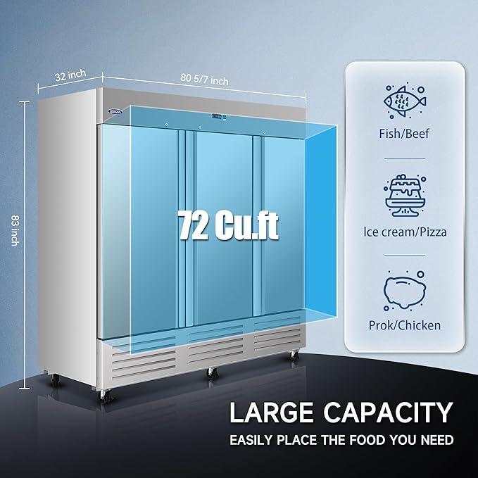 81"W Commercial Refrigerator Freezer,72 Cu.ft Commercial Refrigerator with 3 Solid Door Reach-In Freezers Stainless Steel,ETL Upright Freeze Storage w/ 9 Adjustable Shelves,LED,for Restaurant,Silver